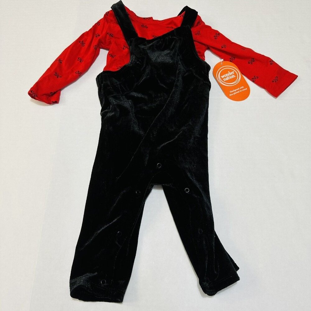 Baby Girl 12 Months Velour Overalls And Bodysuit Red & Black Bows Holiday Outfit